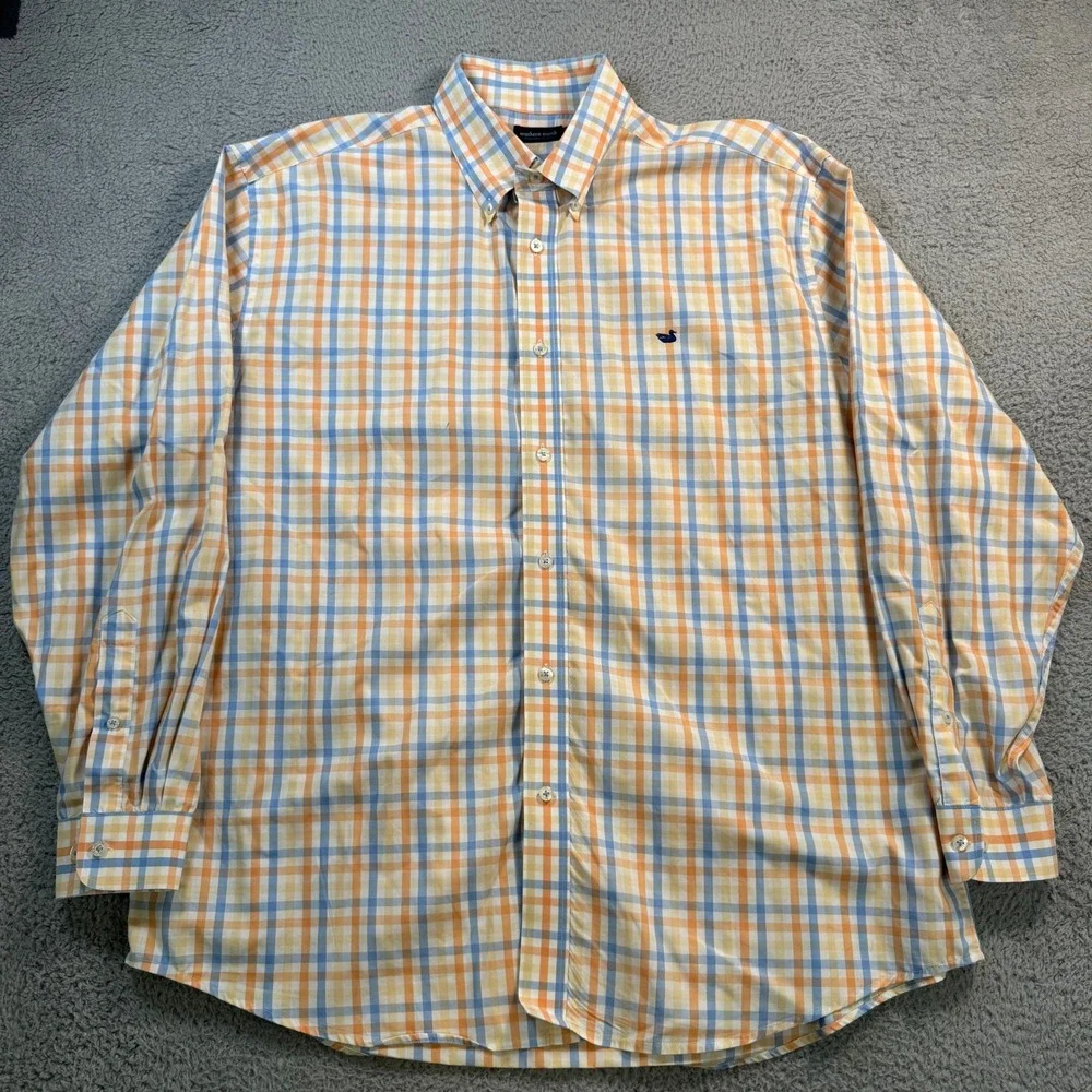Southern Marsh Mens 2X Orange Blue Plaid Wrinkle Free Button Down Shirt VSGE37